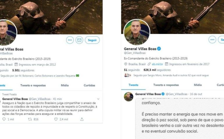 Comparação entre a conta falsa e a conta oficial do general Villas Bôas