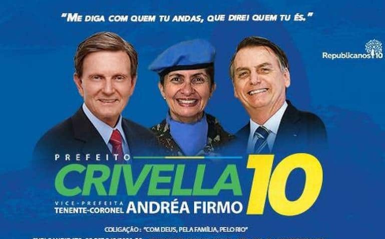 Santinho de Crivella traz Bolsonaro e a tenente-coronel Andréa Firmo com uniforme da ONU - Campanha Marcelo Crivella