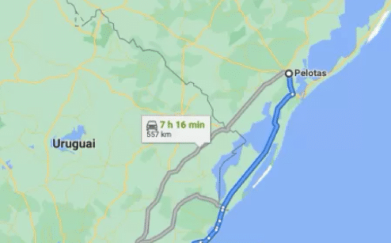 Em azul o trajeto dos palmeirenses, o dos rubro-negros em cinza partindo de Pelotas
Imagem: Google Maps
